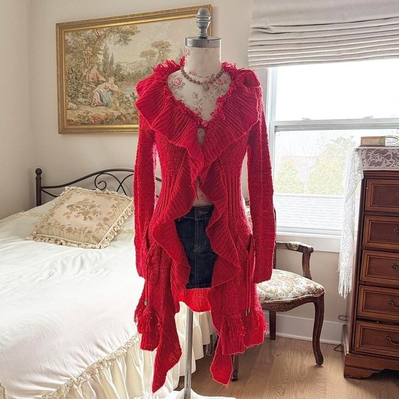 Sweaters - red‎ ruffle fairy duster cardigan  Y2K alison sheri red knit ruffle cardigan
